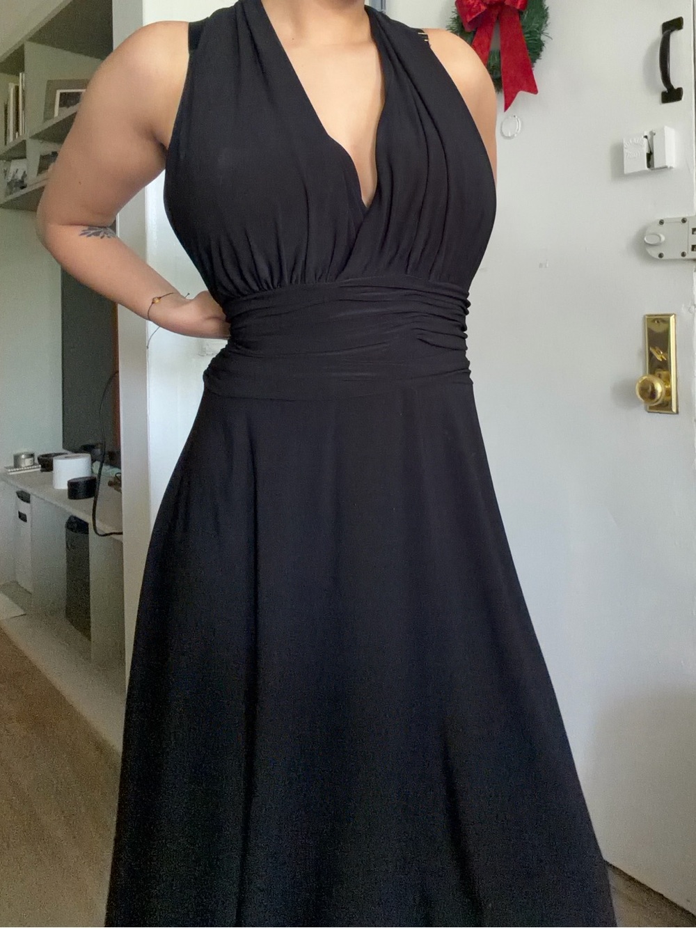 Evan Picone Black One-Shoulder Halter Midi Dress